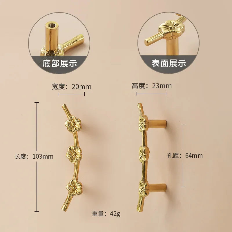 Luxury Brass Flower and Leaf Cabinet Handles – Chinese-Style Decorative Pulls for Wardrobes and Drawers