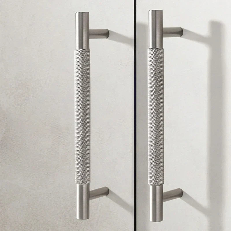 Solid Brass Knurled Cabinet Handles – Brushed Nickel Wardrobe Pulls and Textured Bar Knobs