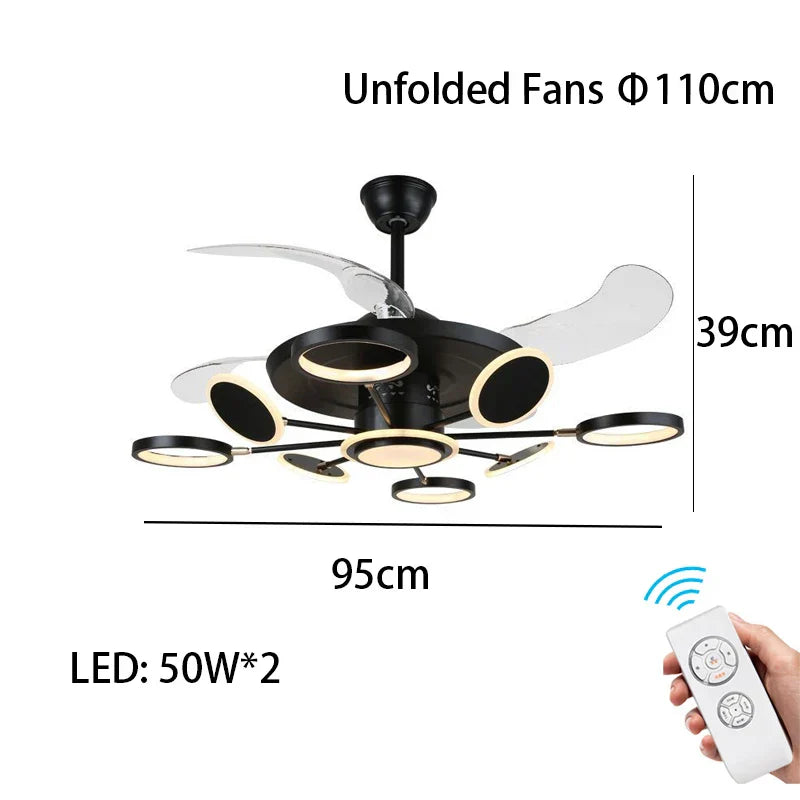 Nordic Ceiling Fans with LED Light - Remote Control Silent Retractable Blades Lamp for Home