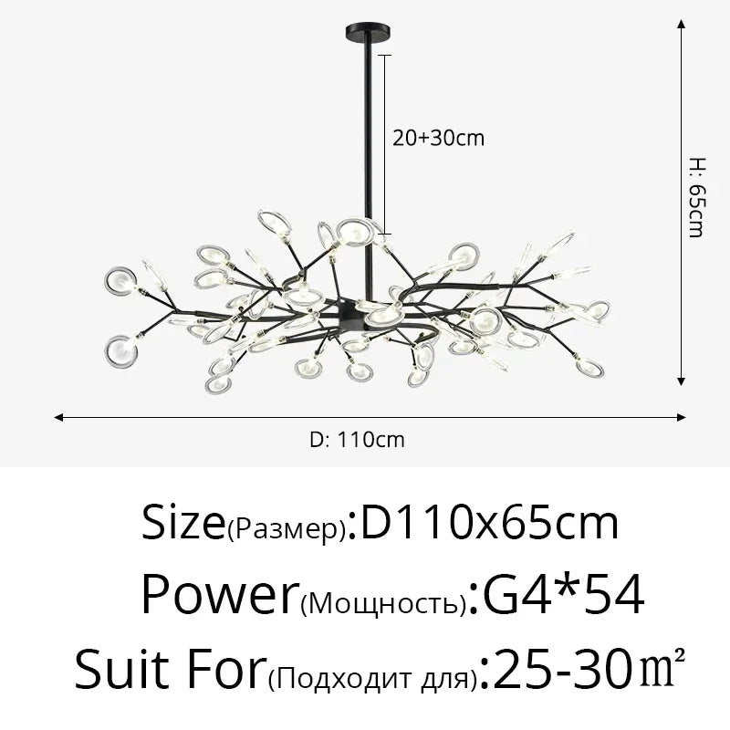Modern Firefly LED Chandelier - Black and Gold Ceiling Pendant Lamp for Living Room, Bedroom, Hall, and Minimalist Home Decor Indoor Lighting