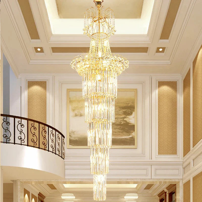 European-Style Duplex High Ceiling Chandelier - Golden Elegance for Grand Halls and Stairwell Luxury