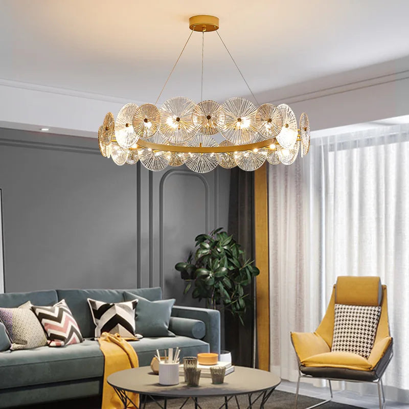 Sleek Postmodern Gold Electroplated Dining Chandelier - G9 Lighting for Bedrooms and Living Rooms - Indoor Luxury Glass Plate Fixture