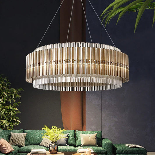 Luxury LED Chandelier for Living Room - Modern Round Glass Hanging Lamp in Gold