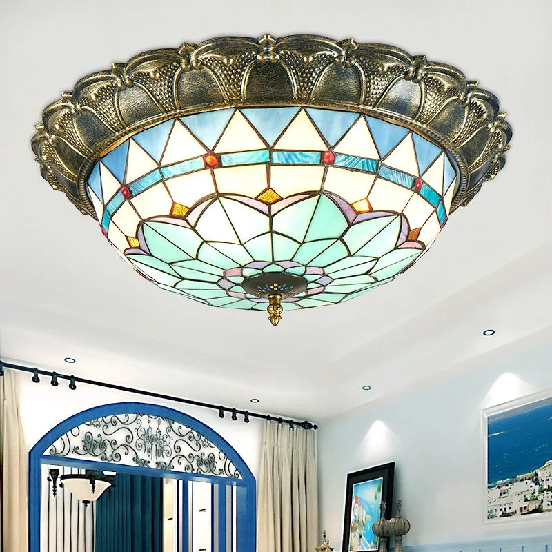European-Style Tiffany Circular Ceiling Lamp - Retro Elegance for Living Rooms, Bedrooms, Corridors, and Balconies