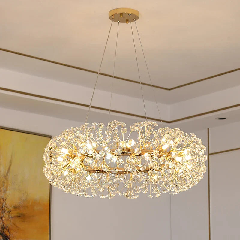 Elegant Modern Gold K9 Crystal Hanging Chandelier - A Luxury LED Fixture for Living and Dining Spaces