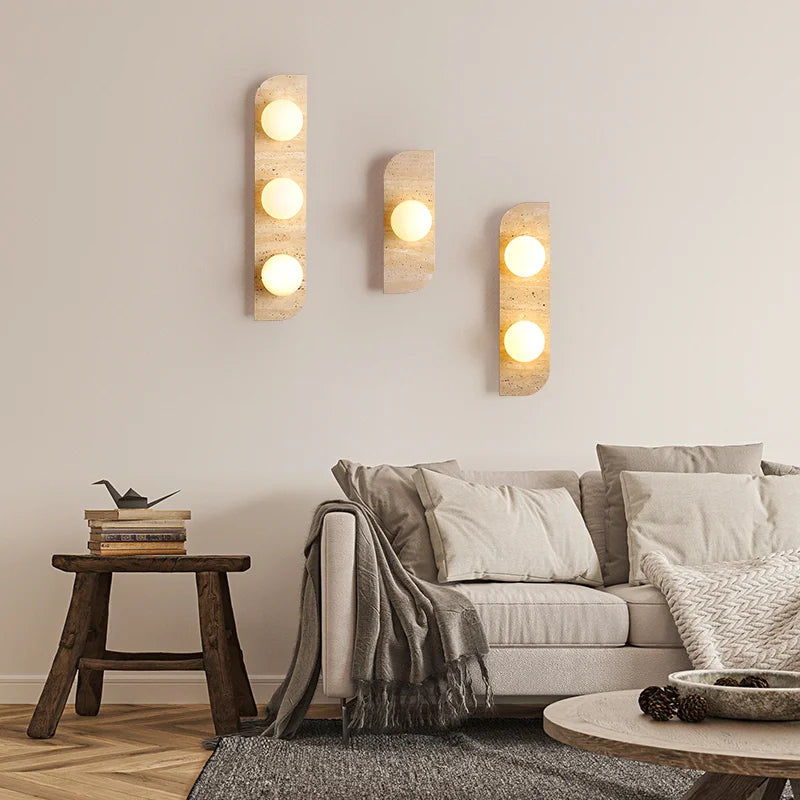 Retro Three-Head Natural Stone Art Wall Lamp - Yellow Travertine and White Glass Lampshade for Atmospheric Corridor Lighting