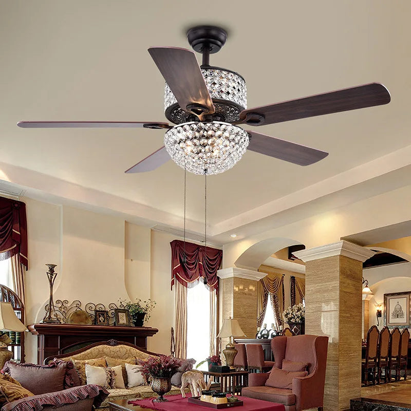 52 Inch Crystal Ceiling Fan with Lights Chrome Chandelier Remote Control Reversible Wood Blades for Living Room Bedroom