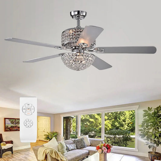 52 Inch Crystal Ceiling Fan with Lights Chrome Chandelier Remote Control Reversible Wood Blades for Living Room Bedroom