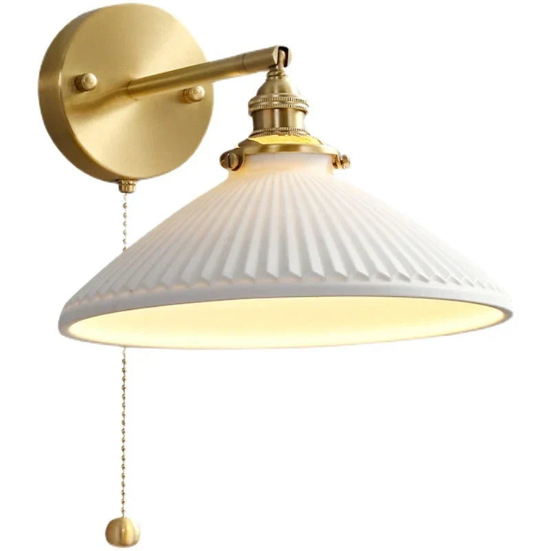 Rotary Brass Ceramic Wall Lamp with Pull Switch - Customizable LED Sconce for Bedroom and Interior Lighting