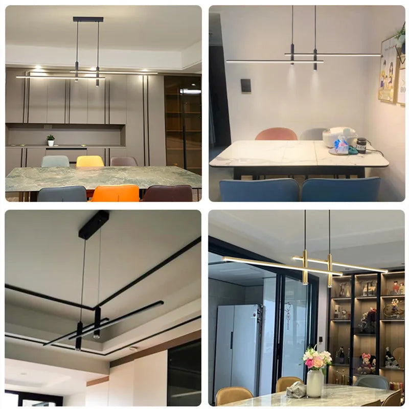 Sleek Black and Gold LED Chandelier - Minimalist Lighting for Kitchen and Dining Room Decor