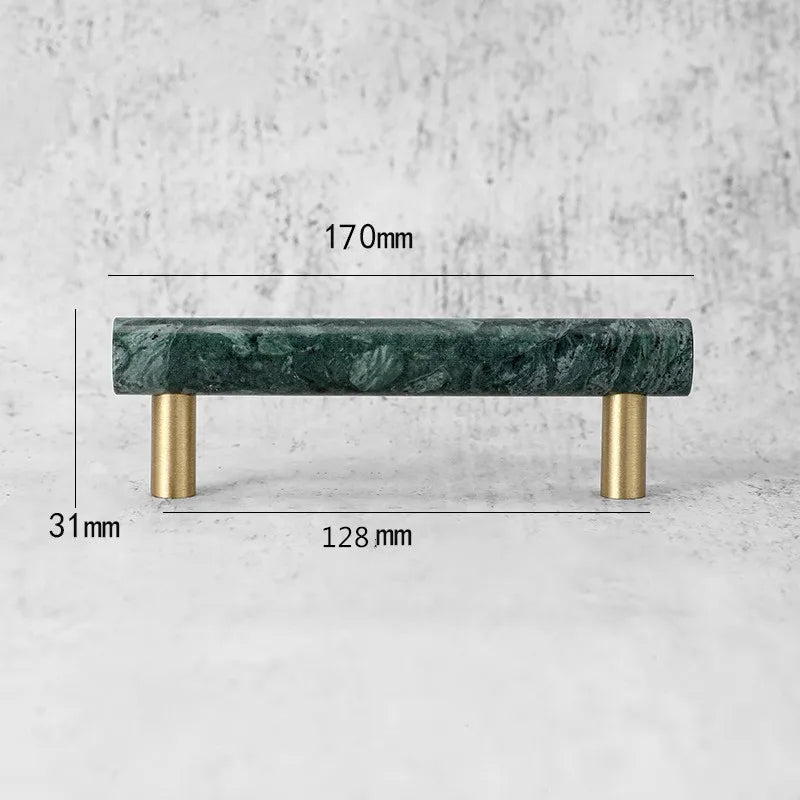 Green and White Marble Cabinet Handle – Luxury Natural Stone Drawer Pulls with Brass Base (50mm-200mm)