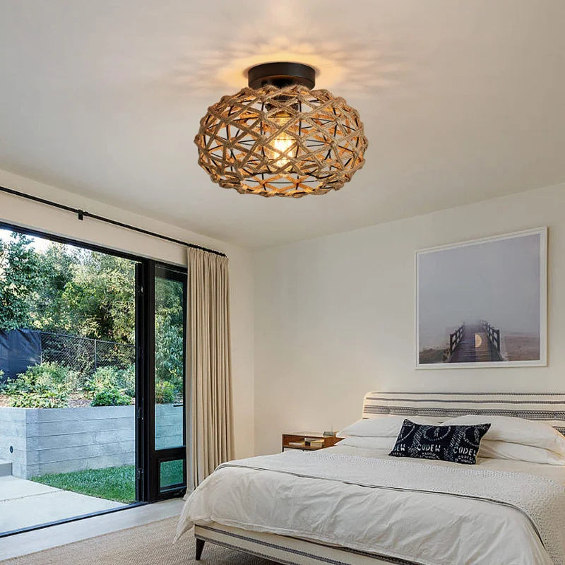 Boho Hemp Rope Cage Semi Flush Mount Ceiling Light - Rustic Elegance for Bedrooms and Beyond