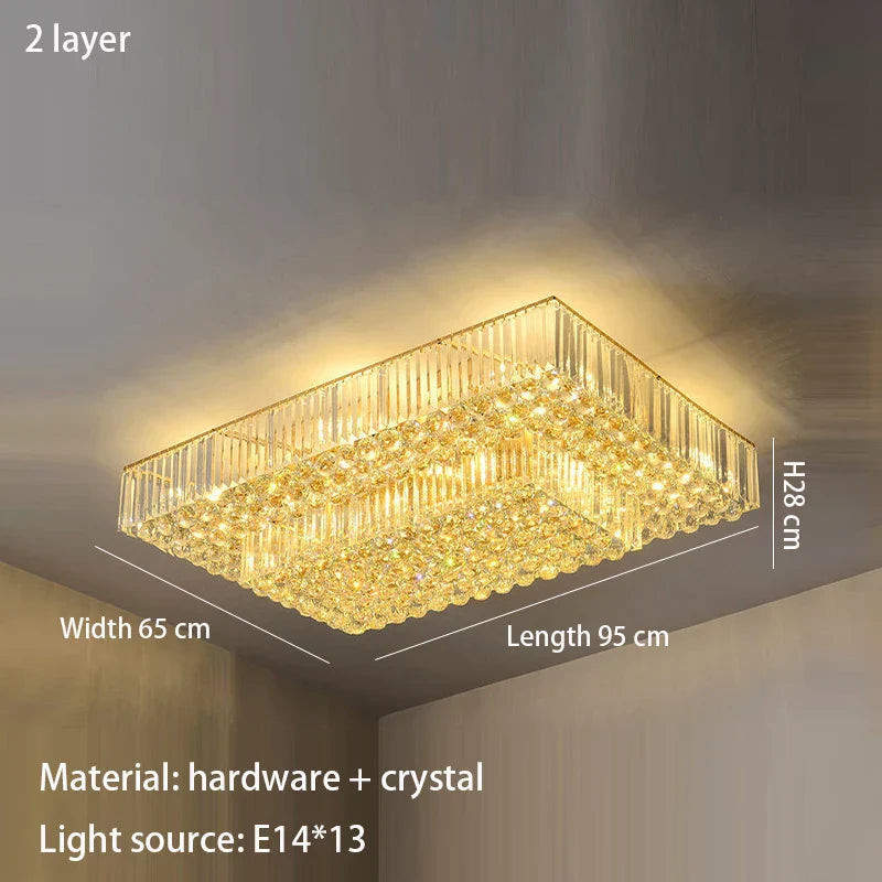 Modern Golden Rectangle Round Crystal Ceiling Light - Elegant LED Lighting for Living Rooms, Dining Rooms, and Bedrooms