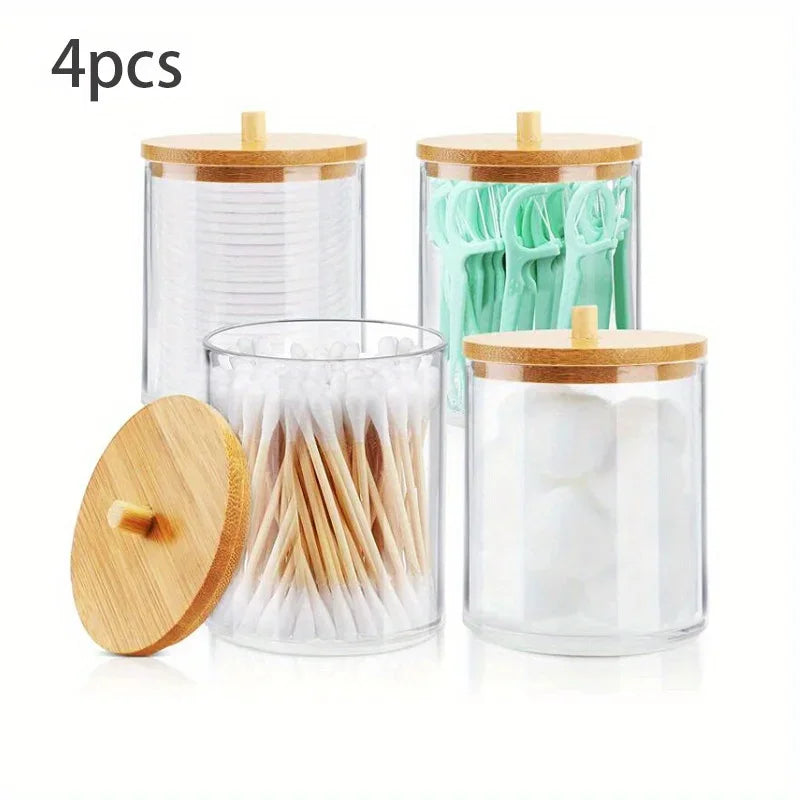 Acrylic Cotton Swab Storage Box Bathroom Jar Cosmetics Storage Box Cotton Ball Pad Round Cotton Swab Holder With Bamboo Cover