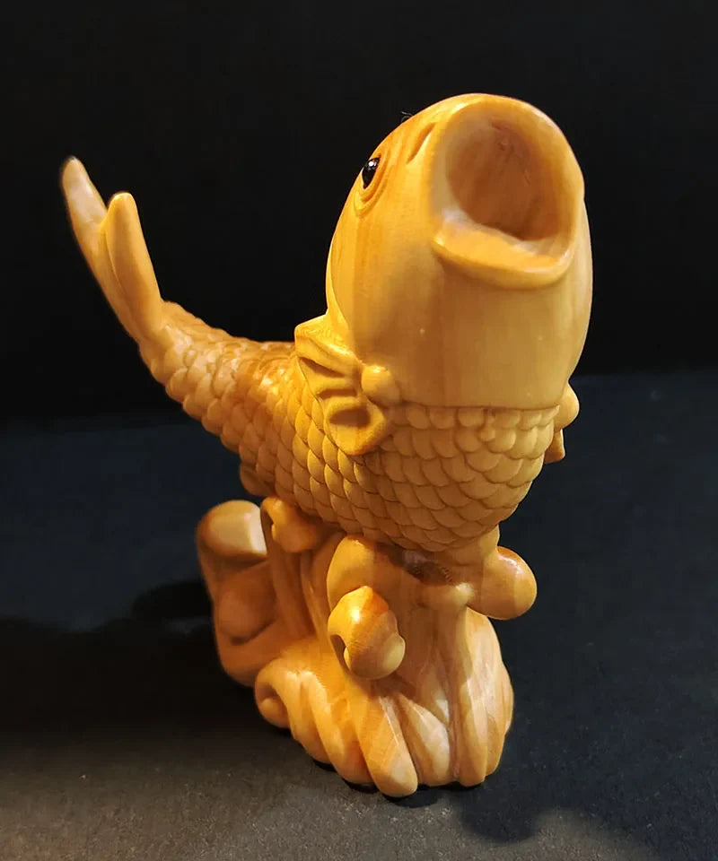 Q4686 - 6.7X 6.2 x 6.2 cm Hand Carved Boxwood Netsuke Figurine : Lovely Fish