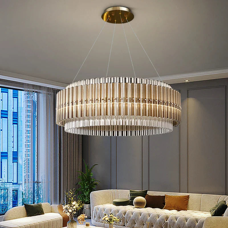Luxury LED Chandelier for Living Room - Modern Round Glass Hanging Lamp in Gold