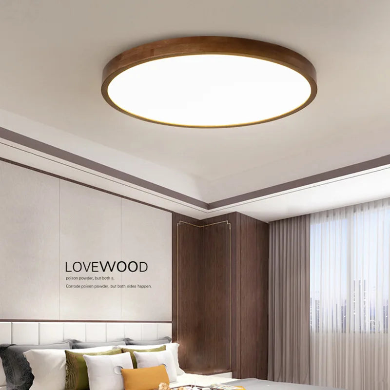 Walnut Ceiling Lamp - Ultra-thin Round Wood Design - Nordic Chandelier for Bedroom, Study, Balcony, and Corridor Lighting