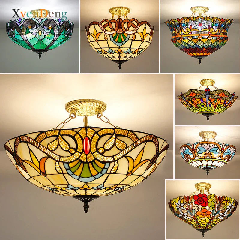 Vintage Mediterranean Tiffany Stained Glass Ceiling Lights - Elegance for Living Rooms, Bedrooms, Kitchens, and More