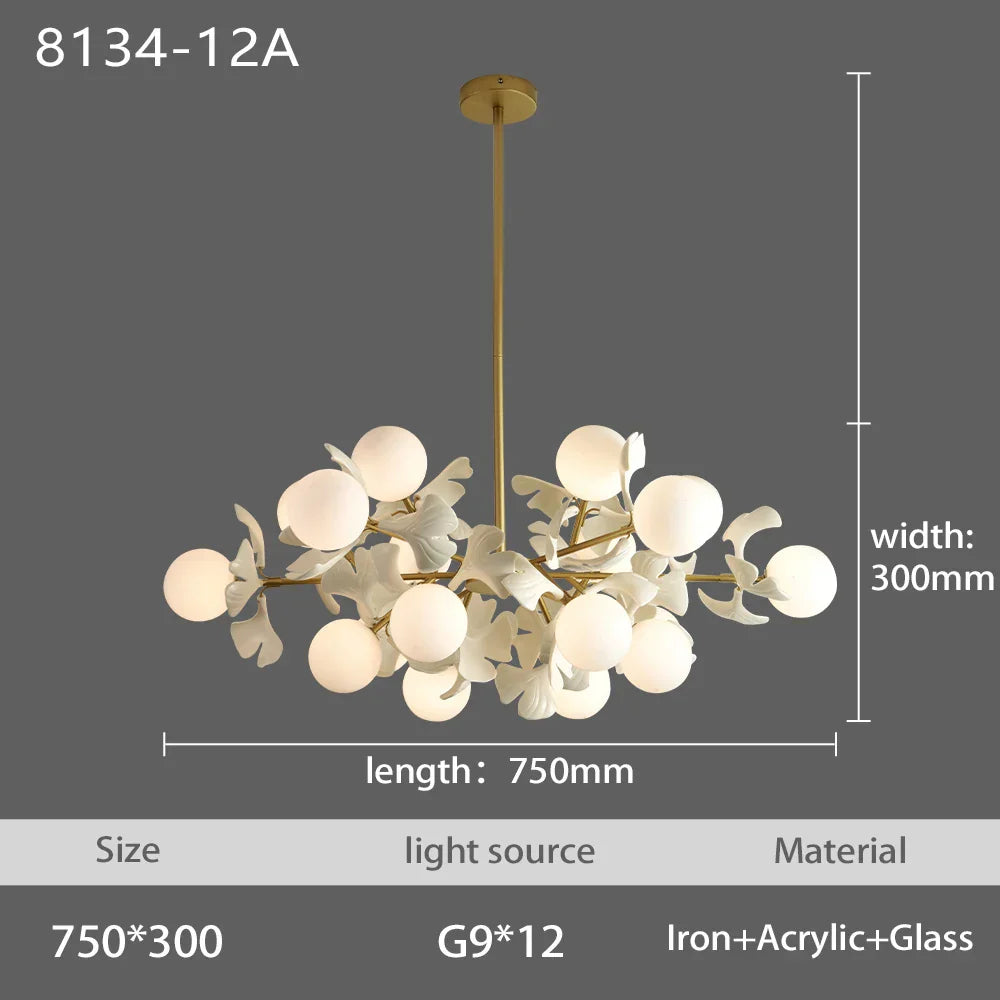 Nordic LED Chandelier - Ginkgo Leaf Design with Acrylic White Leaves for Living Rooms and Bedrooms, Round Glass Ball Light Fixture