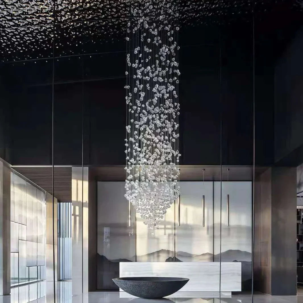 Luxury Stone Crystal Stair Chandelier - LED Lighting Fixture for Large Living Rooms, Home Decor, Hallways, and Lobby Elegance