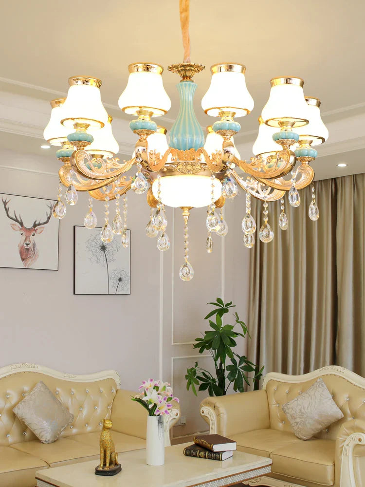 Elegant Blue Ceramic European Crystal Chandelier - Perfect for Living Rooms, Dining Rooms, and Bedrooms