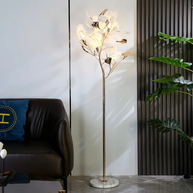 Modern Ginkgo Leaf Light Luxury Floor Lamp - Warm LED Lighting for Bedrooms and Living Rooms with Decorative Gold Feather Design