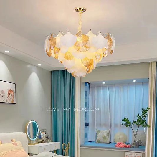 Modern LED Ginkgo Leaves Ceiling Chandelier - Elegant French Glass Lustre Decor Light