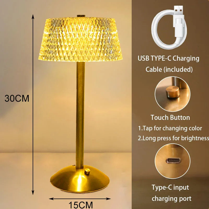 Crystal Diamond Table Lamp - Retro LED Bar Desk Lamp with USB Rechargeable Eye Protection Night Light