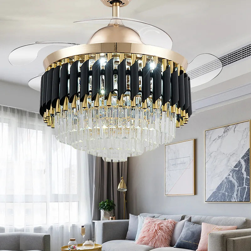 Luxury Crystal Ceiling Fan Chandelier with 110/120cm Blades for Living Room Restaurant Decor Nordic LED Suspension Light