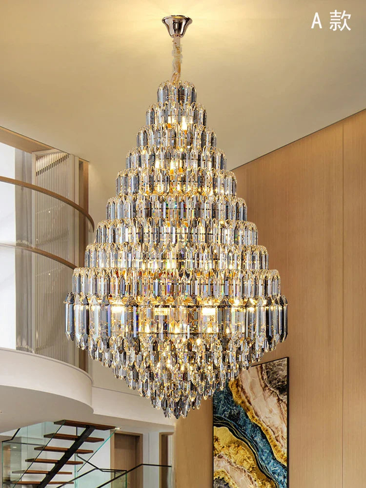 Luxurious Golden Amber Crystal Chandelier - Grand Decorative Lighting for Lobbies, Villas, Staircases, and Corridors