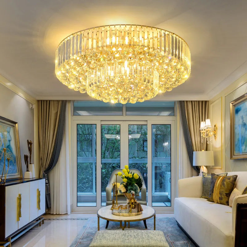 Modern Golden Rectangle Round Crystal Ceiling Light - Elegant LED Lighting for Living Rooms, Dining Rooms, and Bedrooms