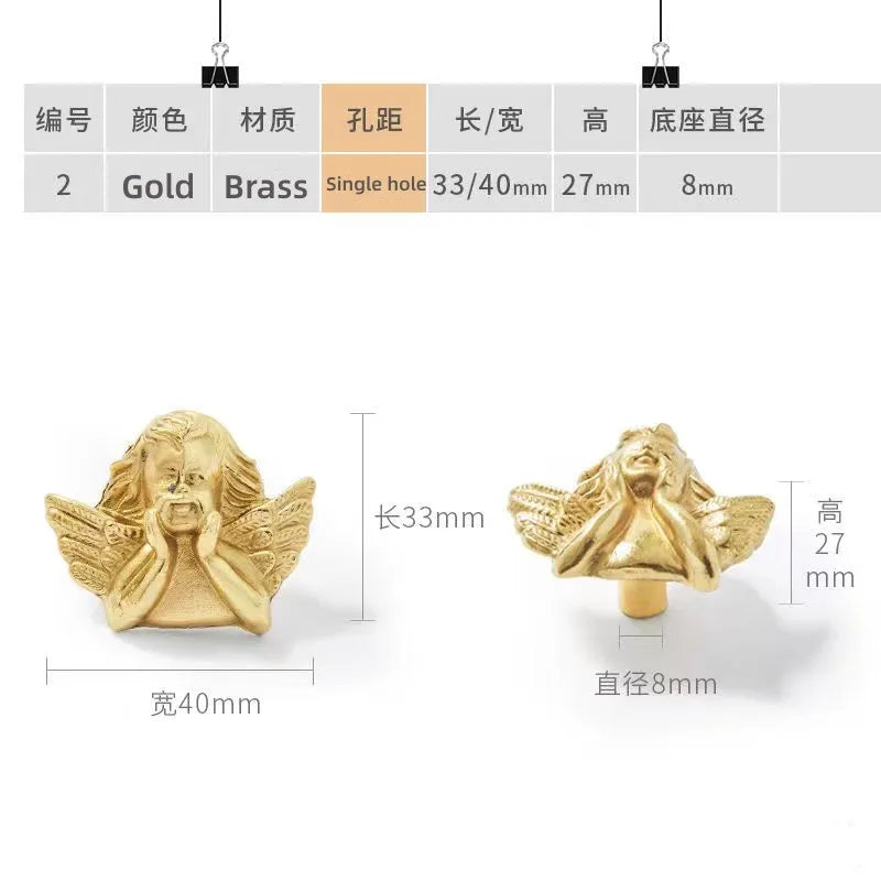 Brass European Angel Cabinet Handles - Vintage Gold Knobs for Wardrobes, Dressers, and Drawers