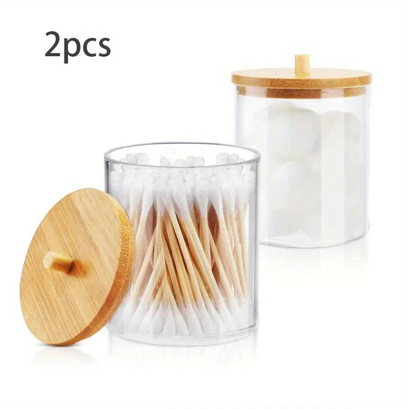 Acrylic Cotton Swab Storage Box Bathroom Jar Cosmetics Storage Box Cotton Ball Pad Round Cotton Swab Holder With Bamboo Cover