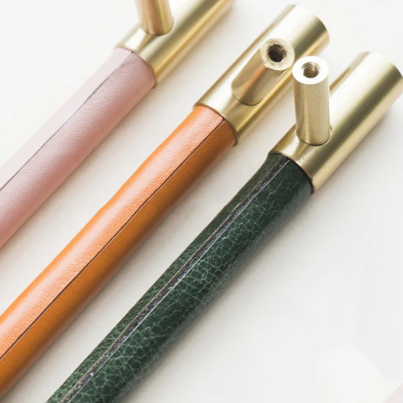 Solid Brass and Leather Cabinet Handles – Available in 15 Leather Colors
