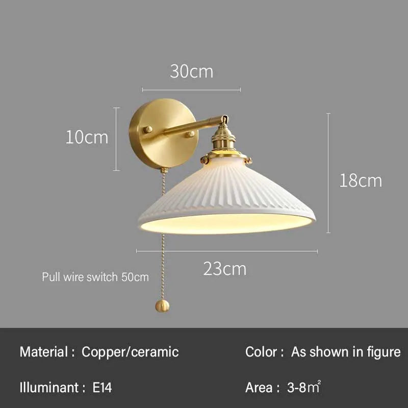 Rotary Brass Ceramic Wall Lamp with Pull Switch - Customizable LED Sconce for Bedroom and Interior Lighting