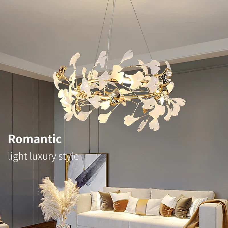 Elegant Nordic Apricot Leaf Chandelier - Wrought Iron Petals Indoor LED Lighting for Living, Dining, and Bedroom Spaces