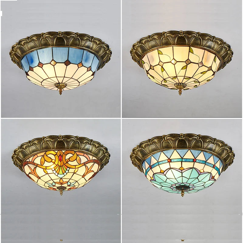 European-Style Tiffany Circular Ceiling Lamp - Retro Elegance for Living Rooms, Bedrooms, Corridors, and Balconies