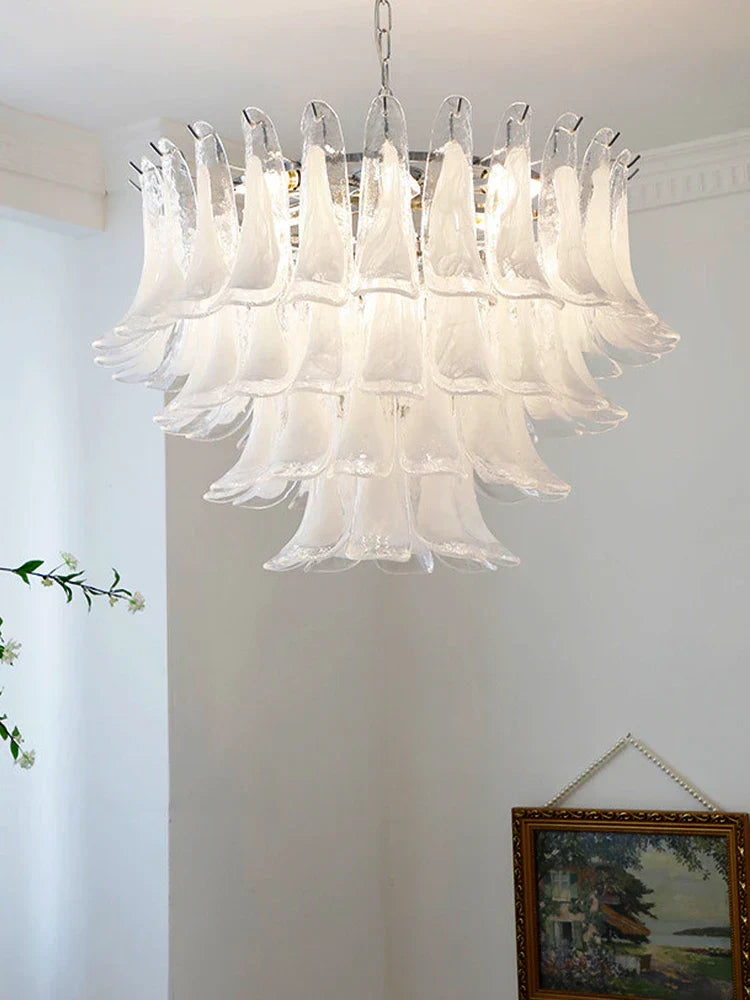Elara White Petal Glass LED Chandelier for Staircase & Villa Décor