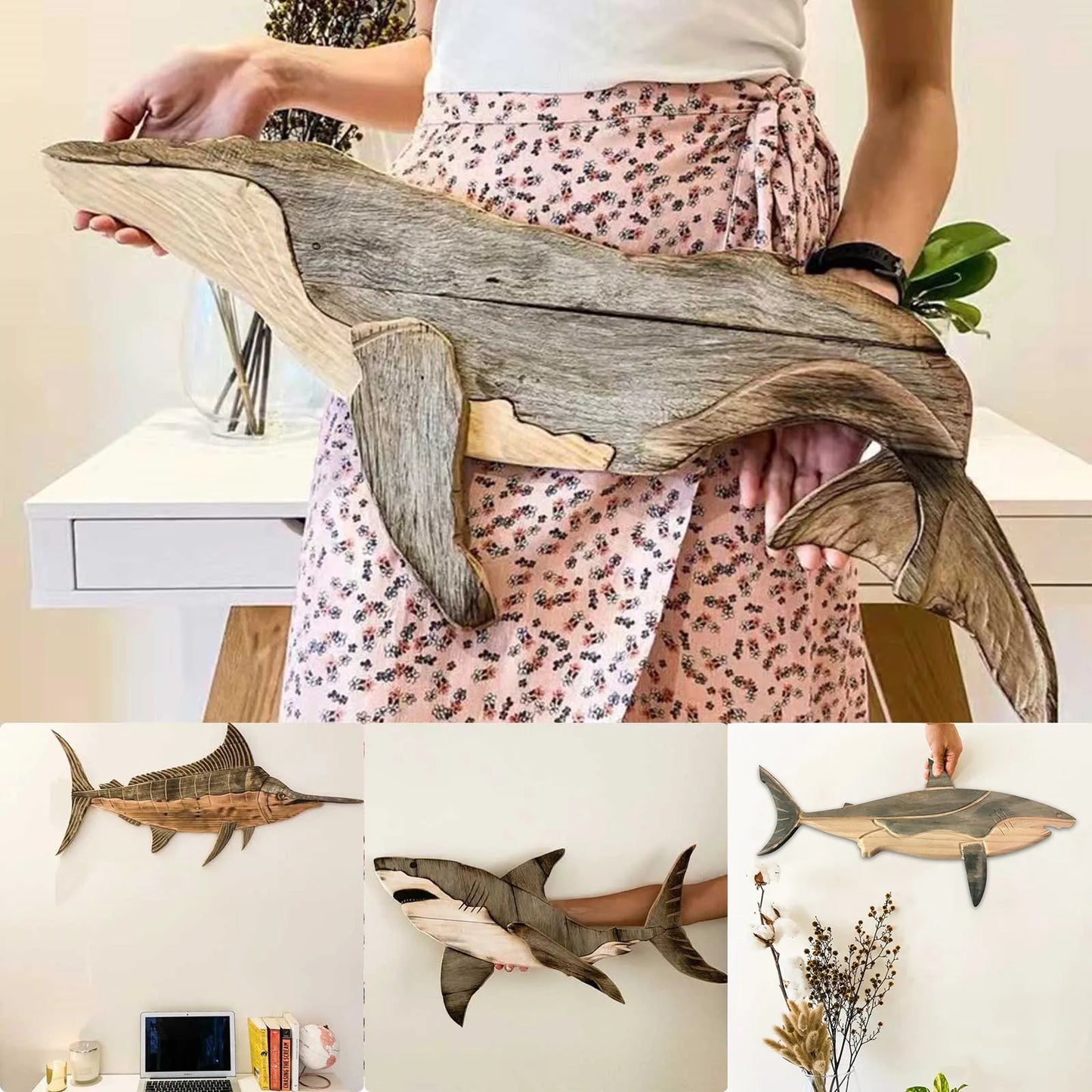 Wooden Sea Fish Decor Statue Whale Figurine Sculpture Ornament Wall Hanging Rustic Decor Home Living Room Bedroom Sculpture