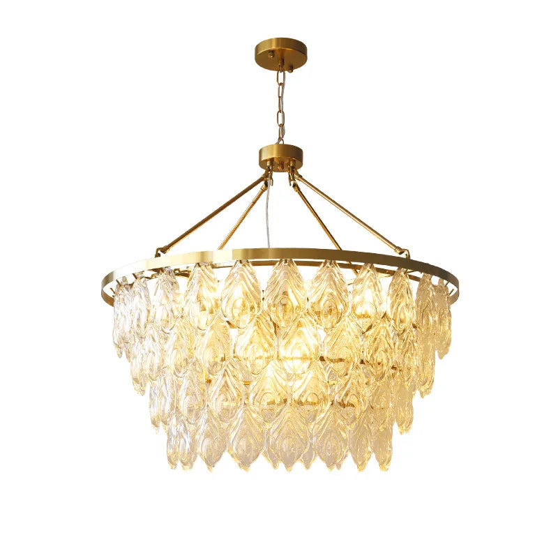 Elegant Round Water Drop Golden Chandelier - A Postmodern Light Luxury Fixture for Living Rooms, Bedrooms, and Dining Spaces
