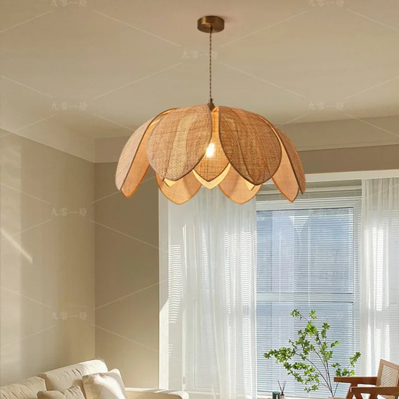 Japanese Style Handmade Woven Rattan Petal Chandelier - Unique Lighting for Dining, Bedroom, and Living Spaces