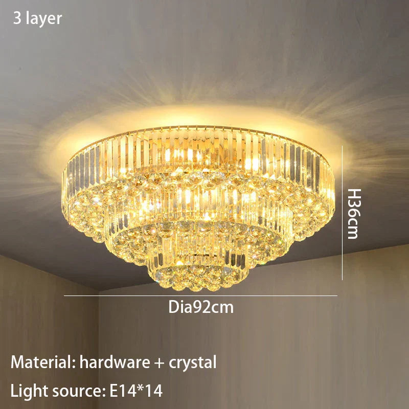 Modern Golden Rectangle Round Crystal Ceiling Light - Elegant LED Lighting for Living Rooms, Dining Rooms, and Bedrooms