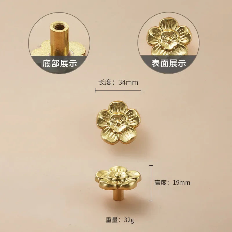 Luxury Brass Flower and Leaf Cabinet Handles – Chinese-Style Decorative Pulls for Wardrobes and Drawers