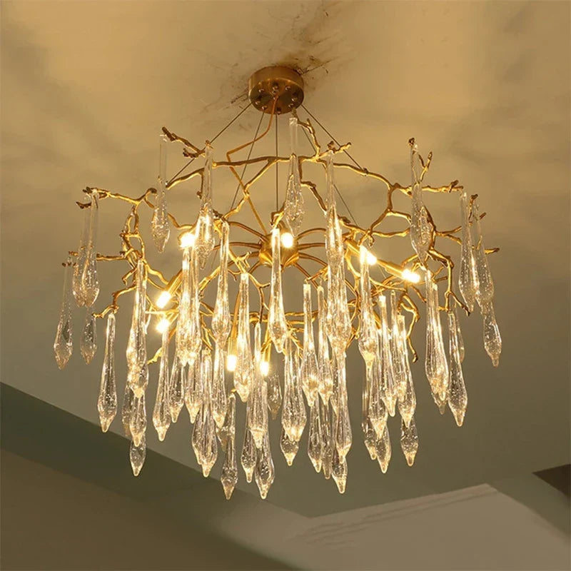 Modern Crystal Chandeliers - Luxury Living and Dining Room Lighting with Bar Design, Featuring Branch Pendant Lights and Crystal Water Drop Accents