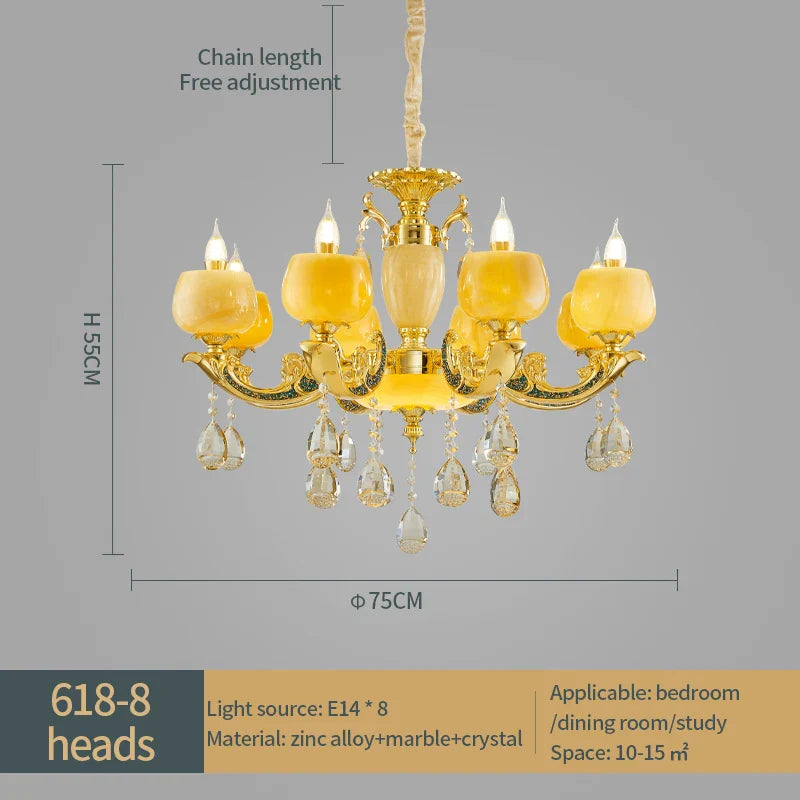 European Style Jade Crystal Chandelier - Luxury Lighting with Natural Marble Accents for Dining Rooms, Bedrooms, and Living Spaces