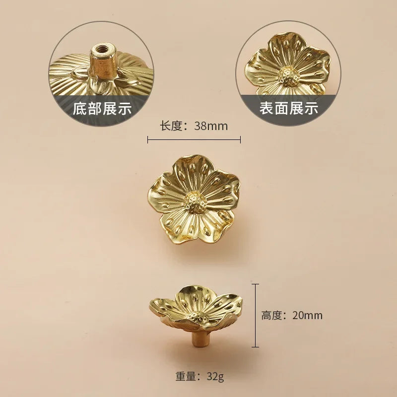 Luxury Brass Flower and Leaf Cabinet Handles – Chinese-Style Decorative Pulls for Wardrobes and Drawers