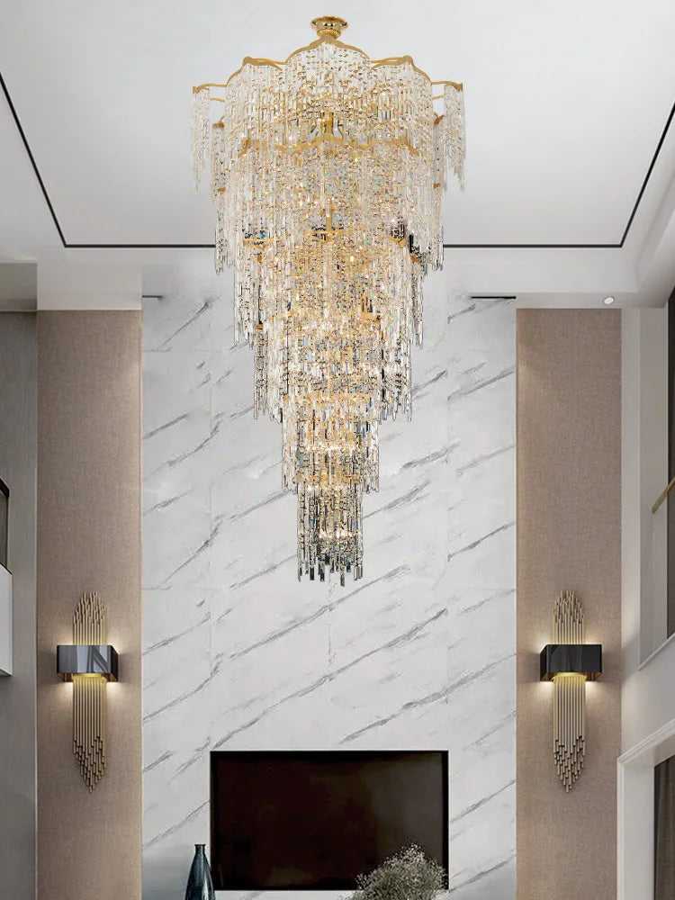 Elegant Golden Art Staircase Grand Chandelier - Luxury Crystal Illumination for Villa Halls with High Ceilings