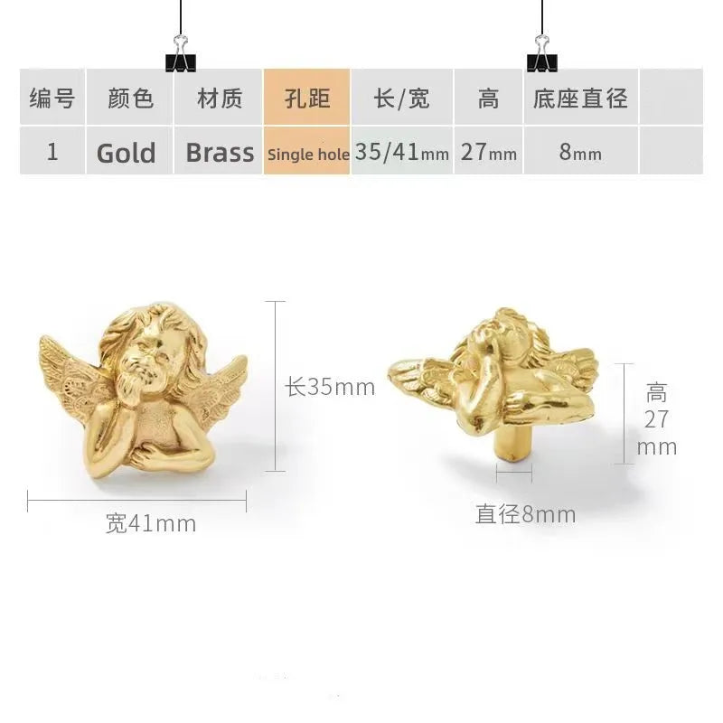 Brass European Angel Cabinet Handles - Vintage Gold Knobs for Wardrobes, Dressers, and Drawers