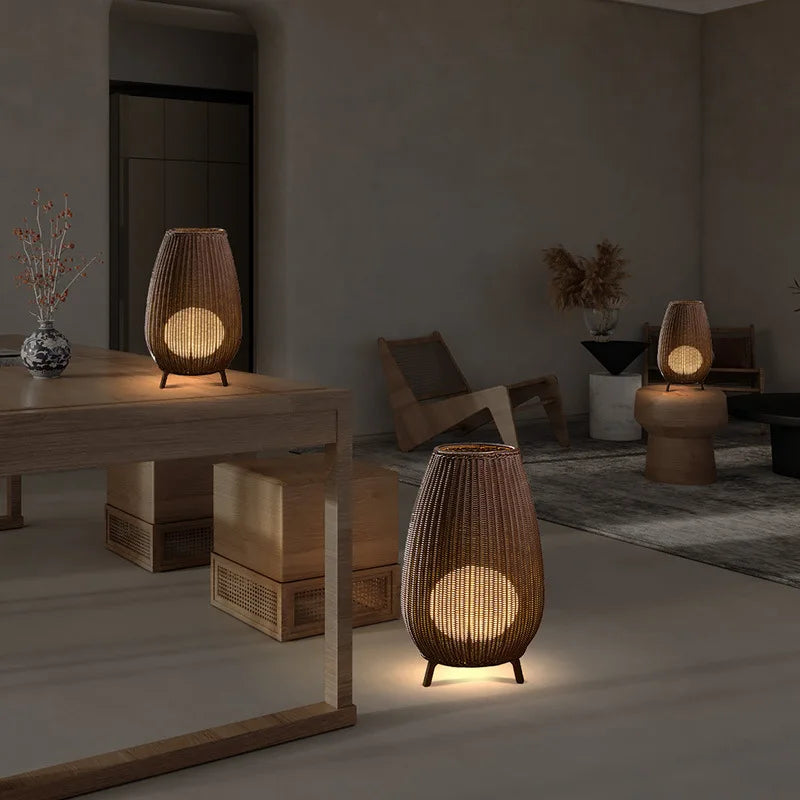 Asian Natural Rattan Floor Lamp - Versatile Indoor and Outdoor Lighting for Living Spaces