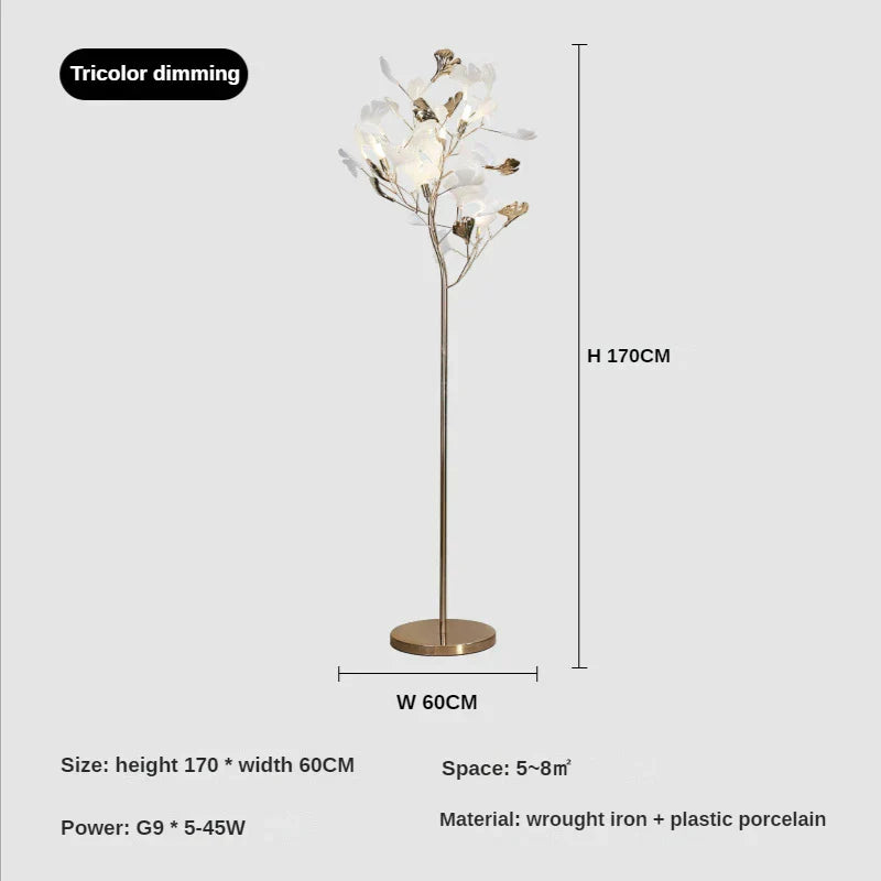 Modern Ginkgo Leaf Light Luxury Floor Lamp - Warm LED Lighting for Bedrooms and Living Rooms with Decorative Gold Feather Design